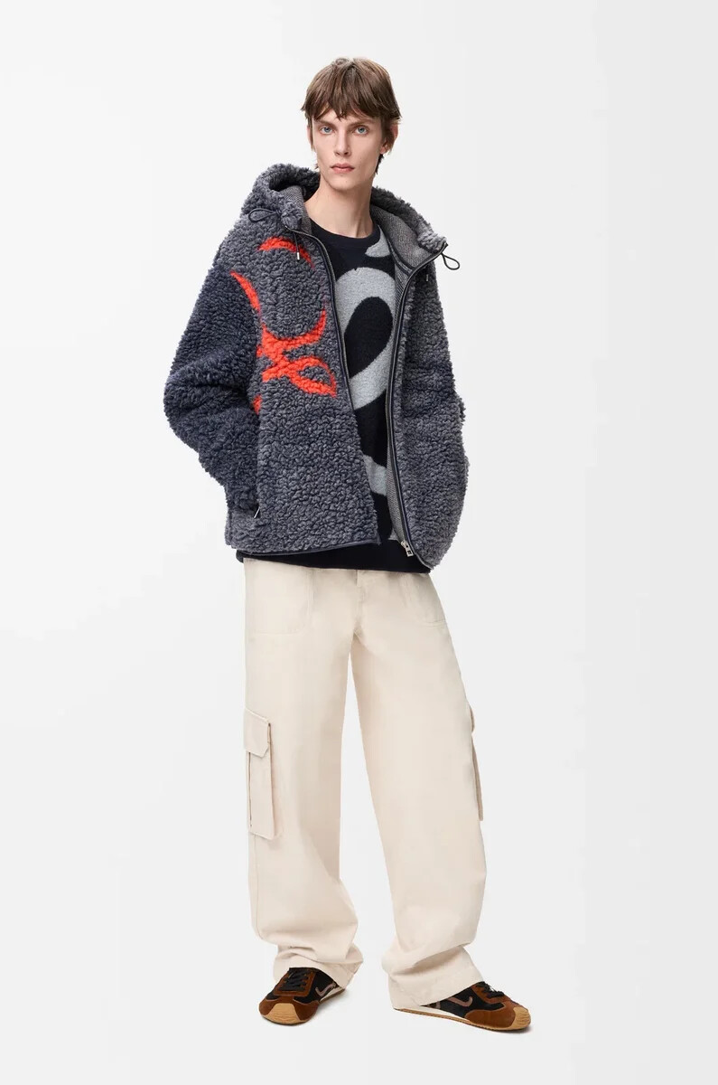 chaqueta con capucha en mezcla de lana azul marinonaranja