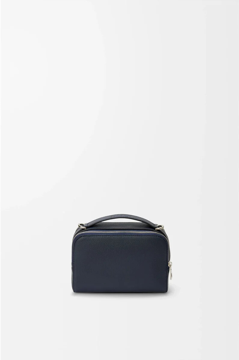 mini bolso bandolera para cámara en piel de becerro granulada suave color azul marino intenso