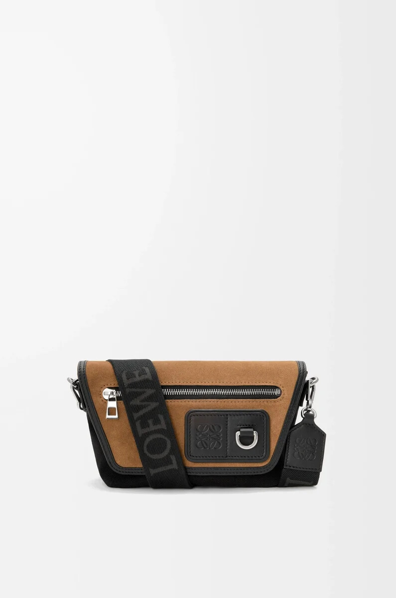 bolso bandolera mini flex de lona y ante negrooro oscuro