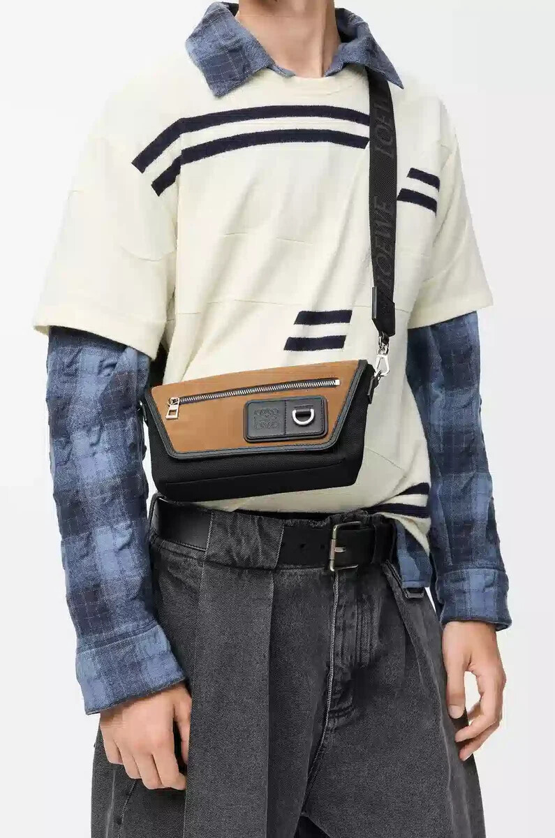bolso bandolera mini flex de lona y ante negrooro oscuro