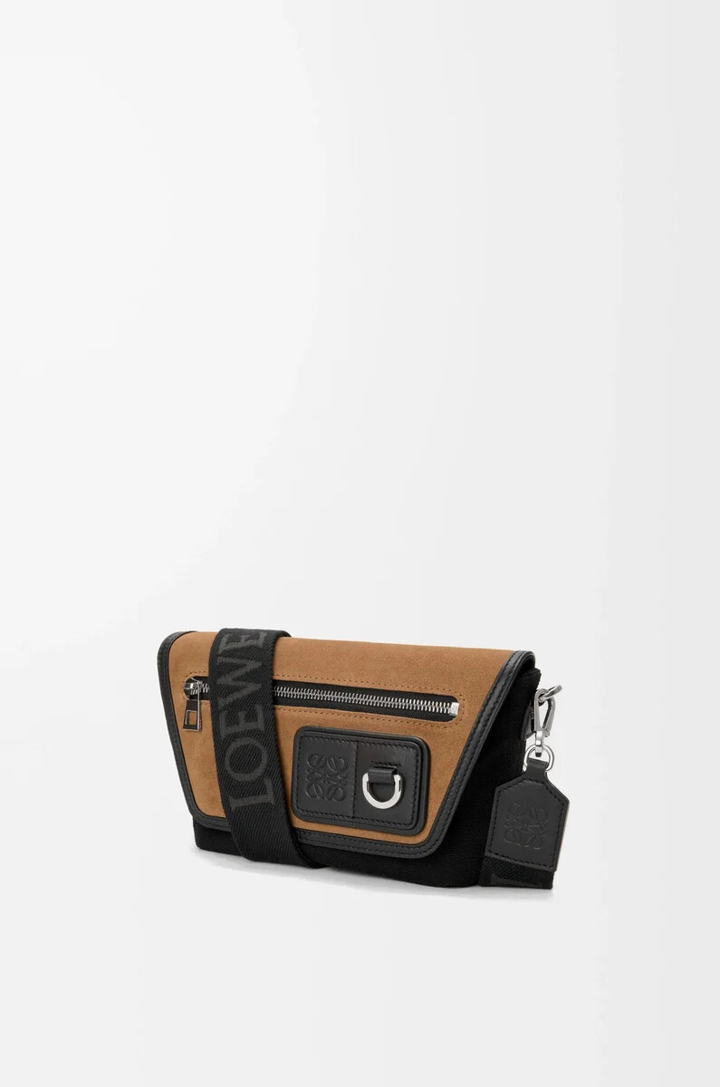 bolso bandolera mini flex de lona y ante negrooro oscuro