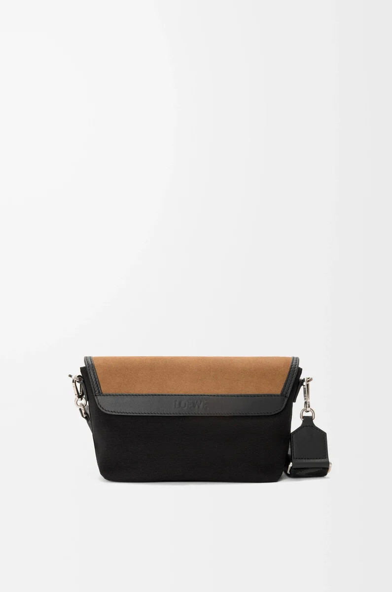 bolso bandolera mini flex de lona y ante negrooro oscuro