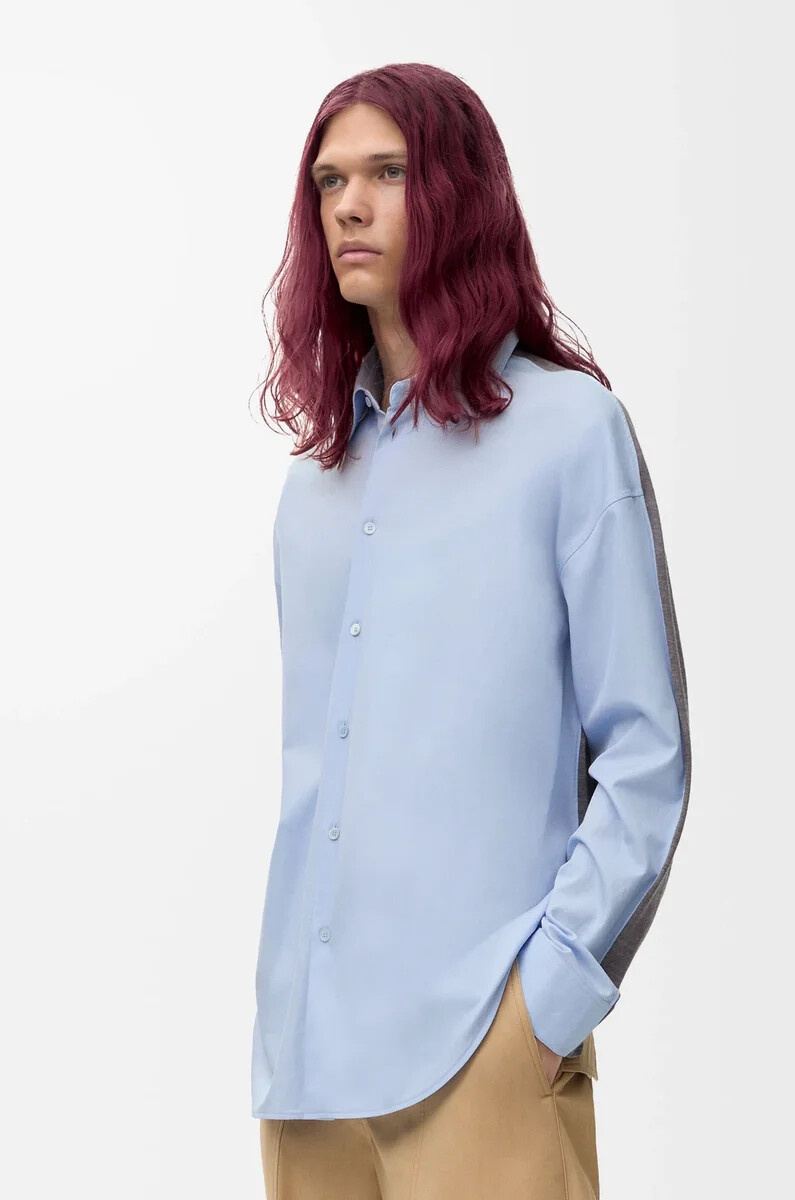 camisa híbrida de algodón y lana azul clarogris