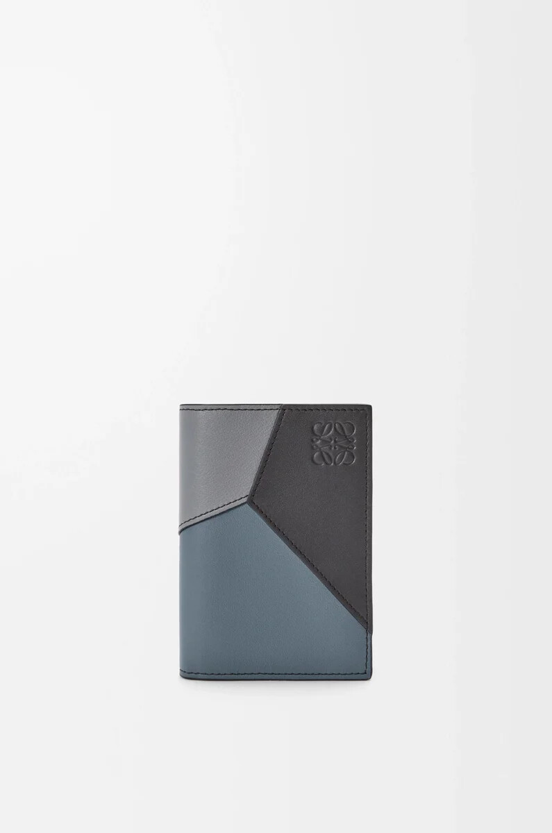 tarjetero plegable puzzle en piel de becerro clásica gris asfaltoazul tormenta