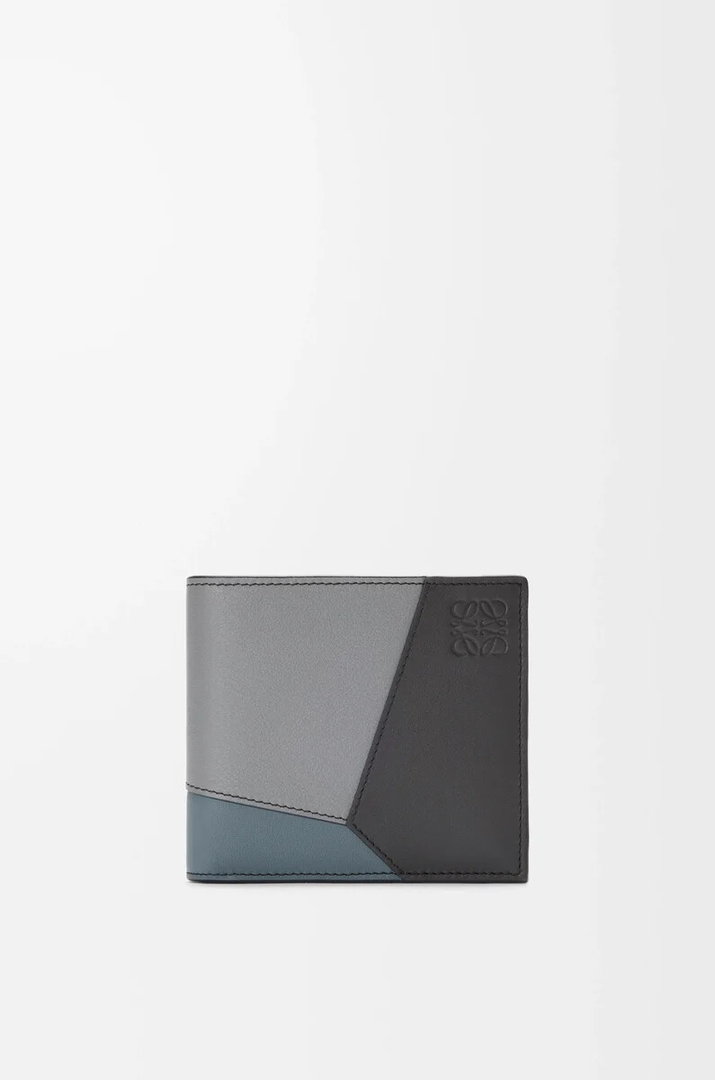 cartera plegable puzzle en piel de becerro clásica gris asfaltoazul tormenta