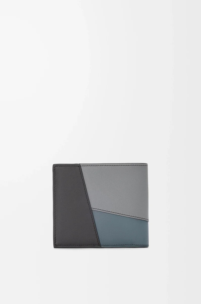 cartera plegable puzzle en piel de becerro clásica gris asfaltoazul tormenta