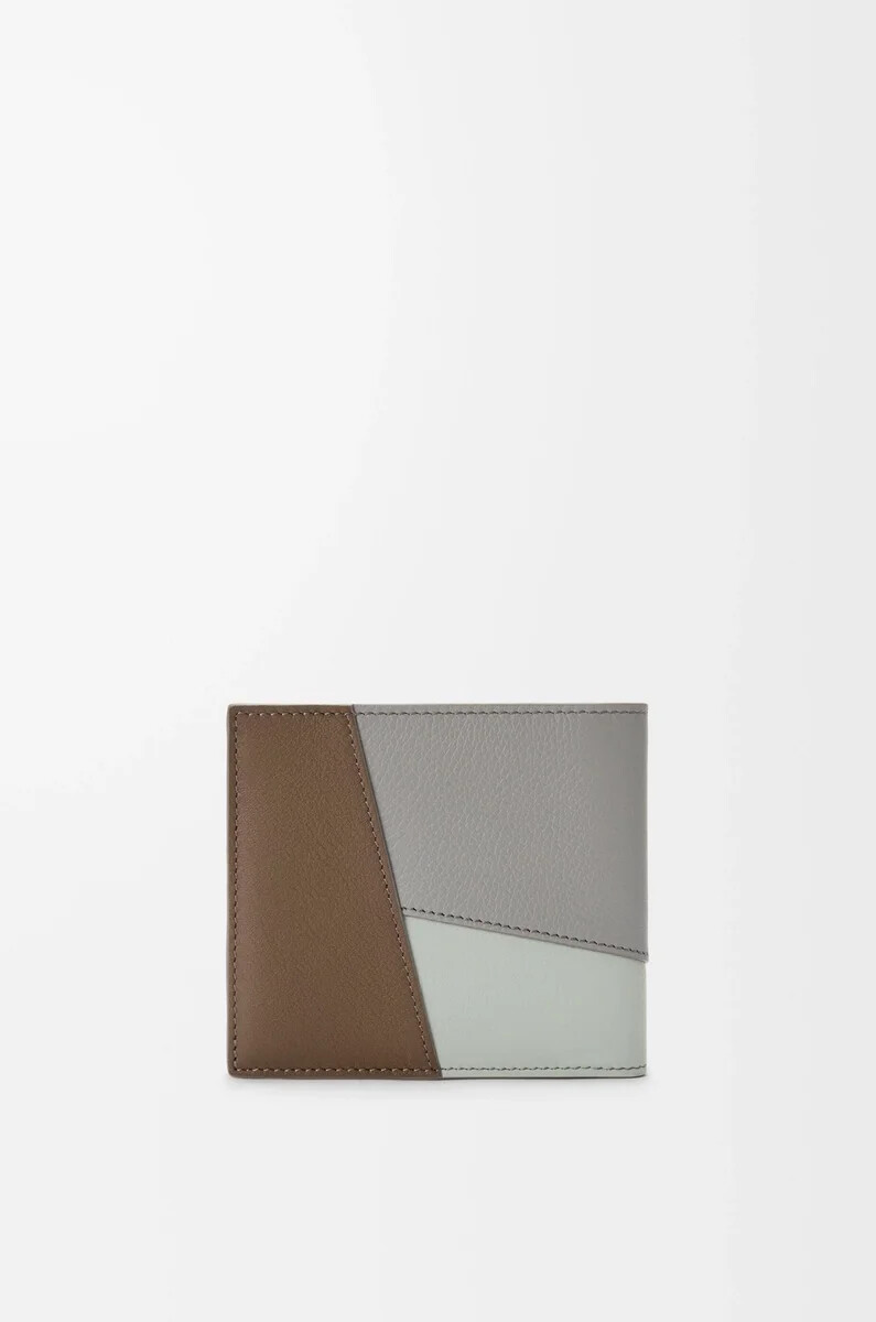 cartera plegable puzzle en piel de becerro clásica en color marrón inviernogris ceniza