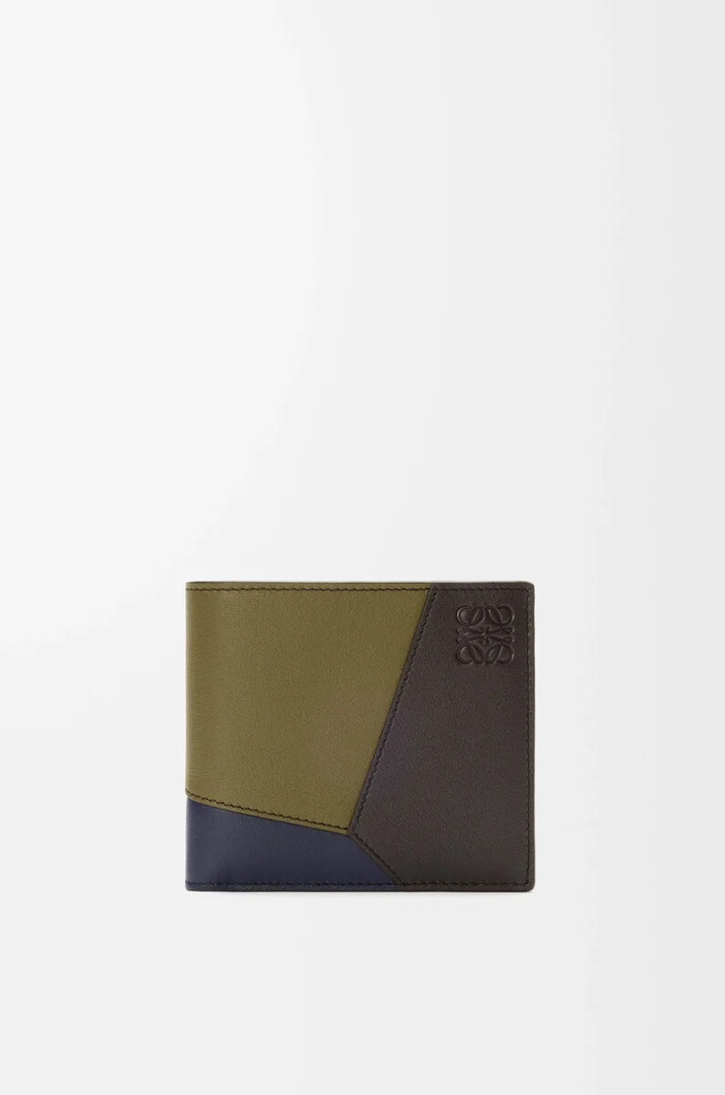 monedero plegable puzzle en piel de becerro clásica color olivamarrón oscuro