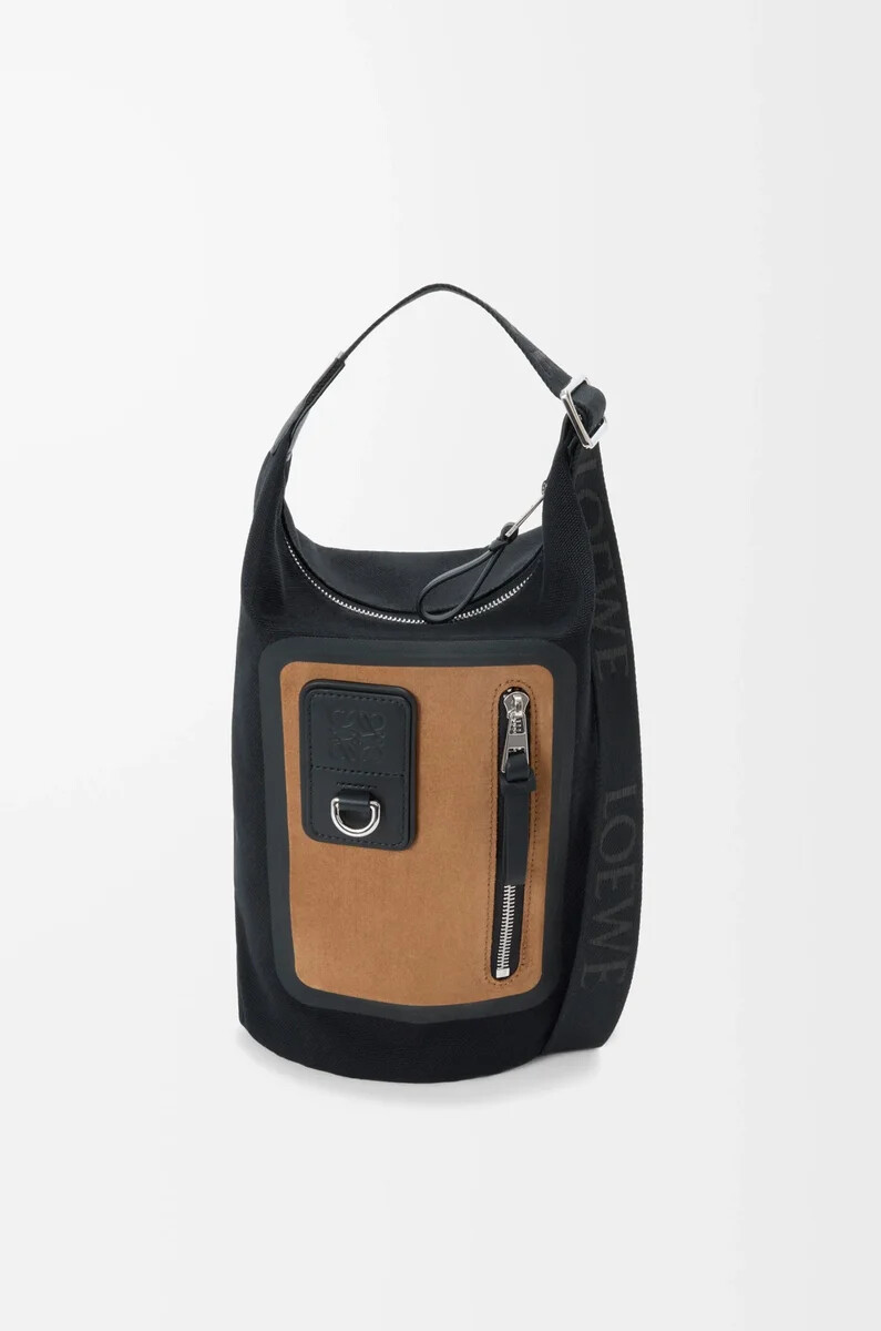 bolso cubo pequeño flex loop de lona y ante negrodorado oscuro
