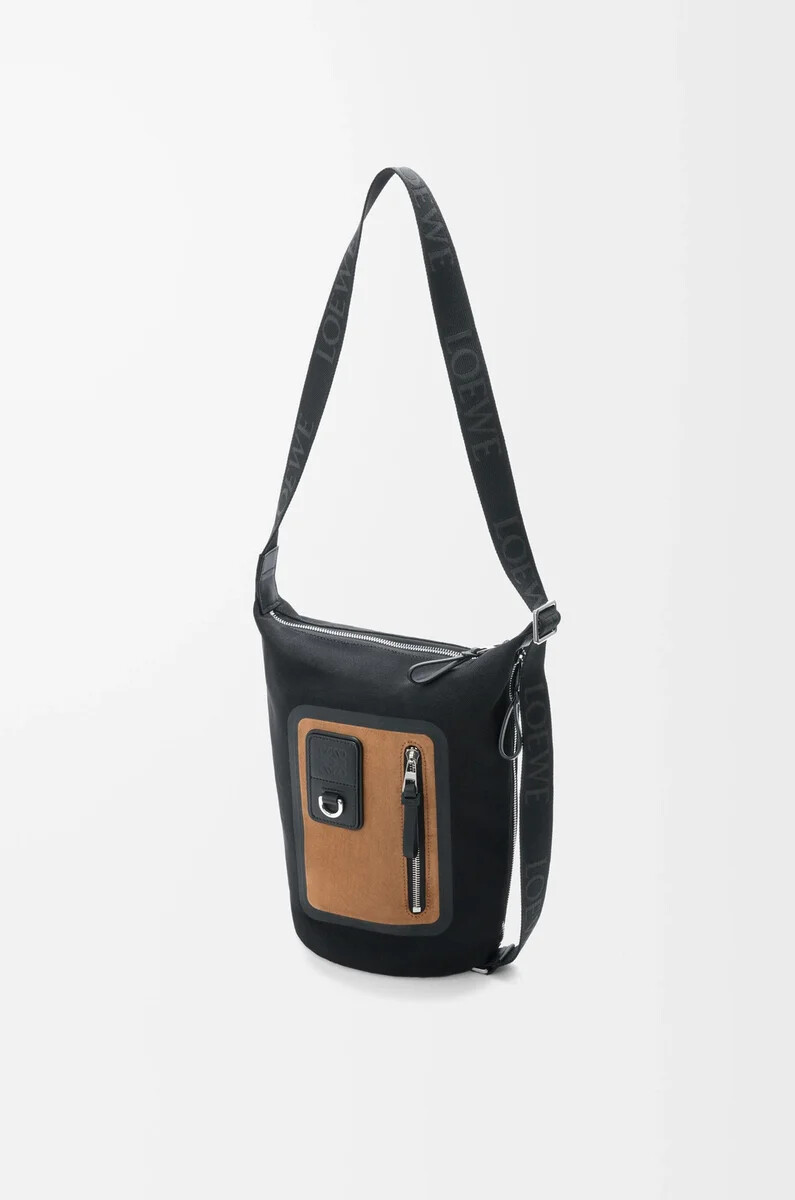 bolso cubo pequeño flex loop de lona y ante negrodorado oscuro