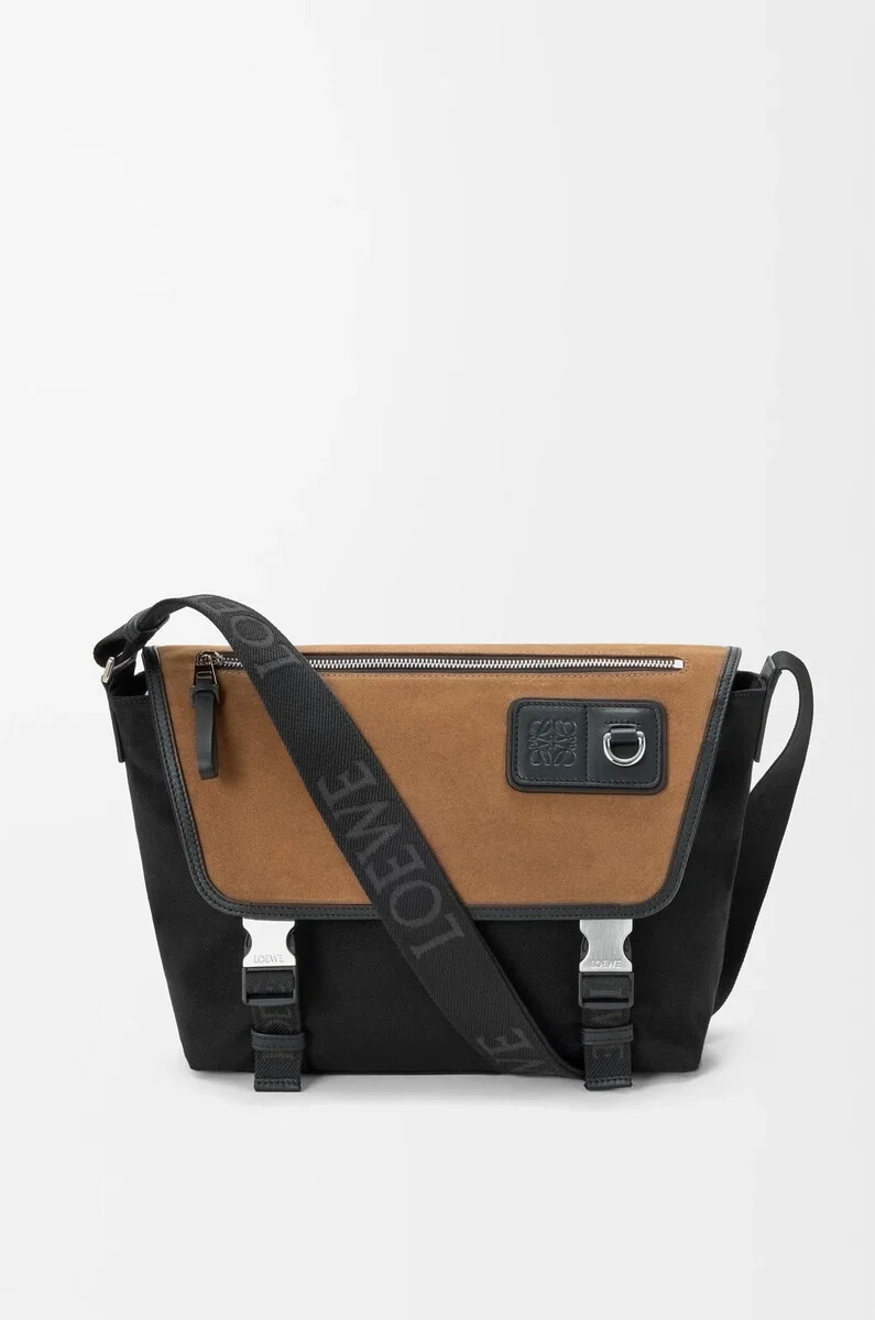 bolso bandolera mediano flex de lona y ante negrooro oscuro