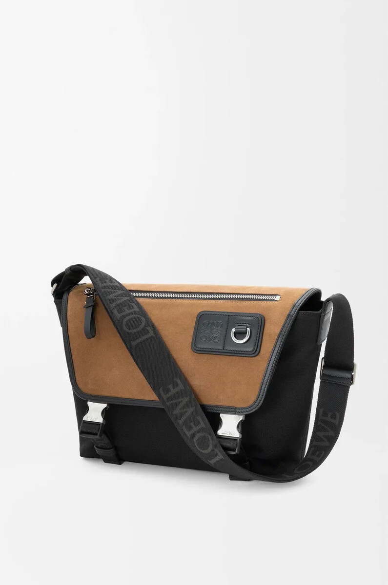 bolso bandolera mediano flex de lona y ante negrooro oscuro