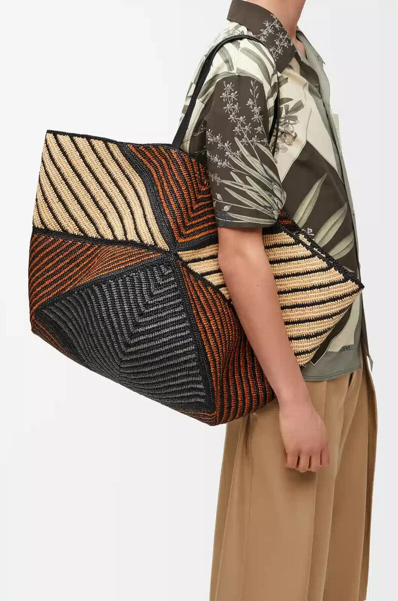 bolso de mano plegable xxl puzzle en rafia color naturaldorado miel