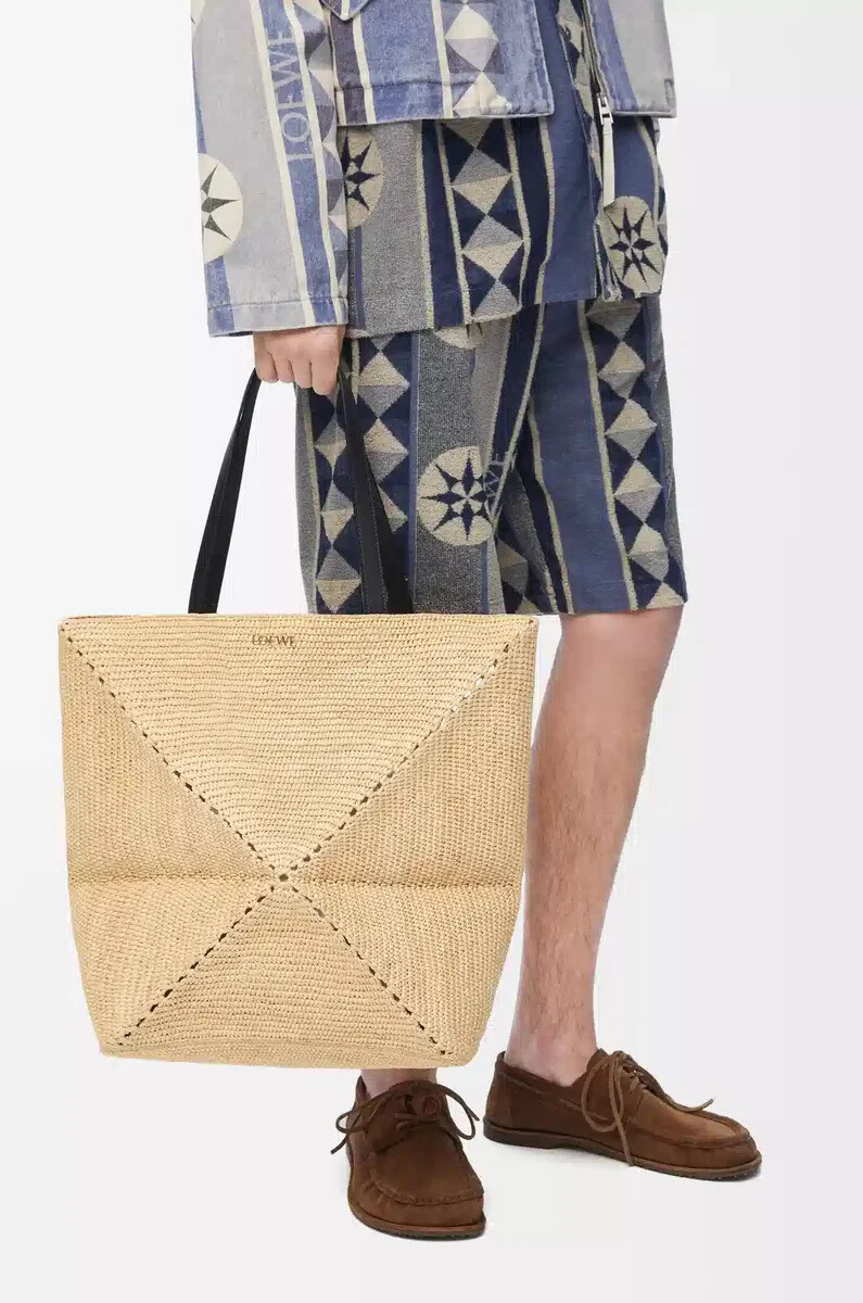bolso tote plegable puzzle xl en rafia naturalnegro