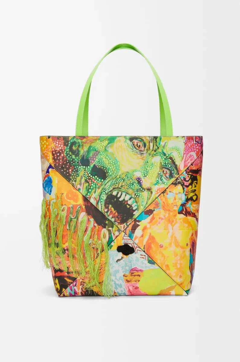 bolso tote plegable puzzle xl en piel de becerro clásica verde vivomulticolor