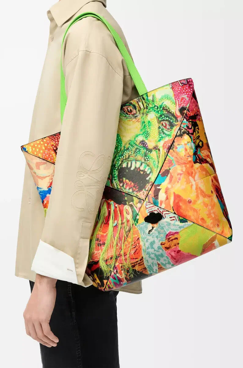 bolso tote plegable puzzle xl en piel de becerro clásica verde vivomulticolor