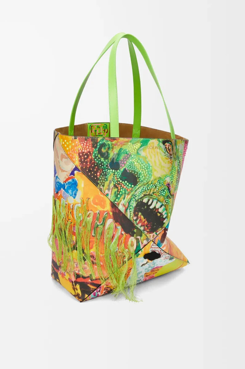 bolso tote plegable puzzle xl en piel de becerro clásica verde vivomulticolor