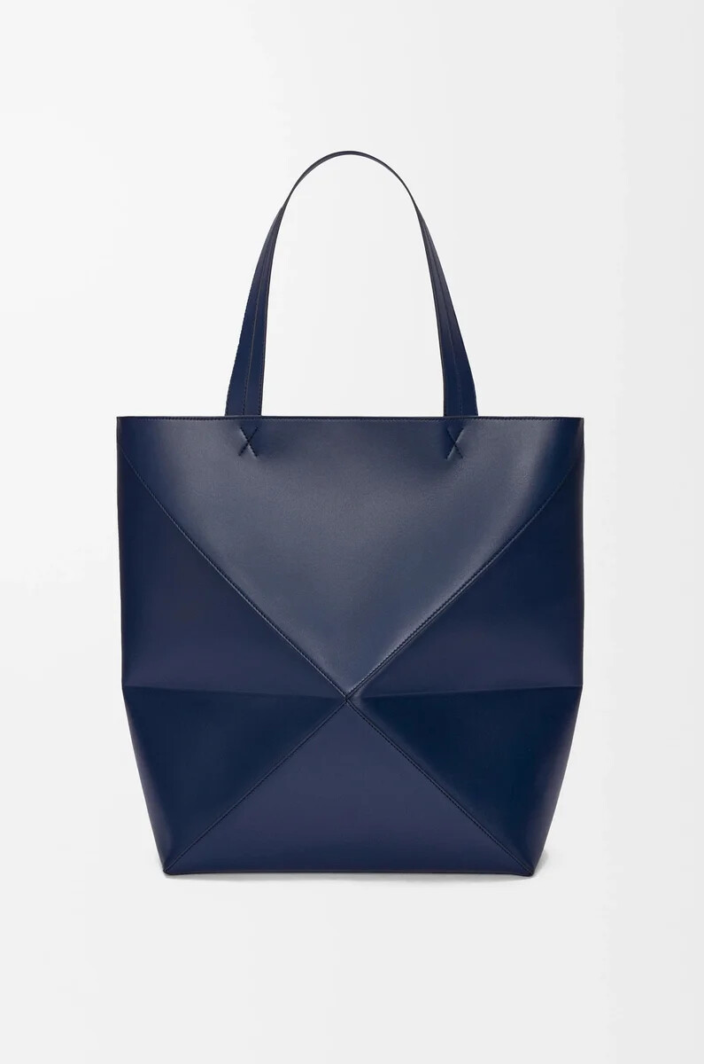 bolso tote plegable puzzle xl en piel de becerro brillante azul abismo