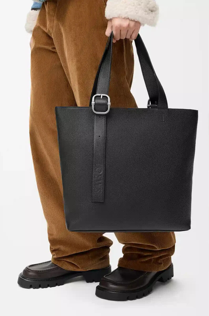 bolso tote con cremallera en piel de becerro granulada flexible color negro