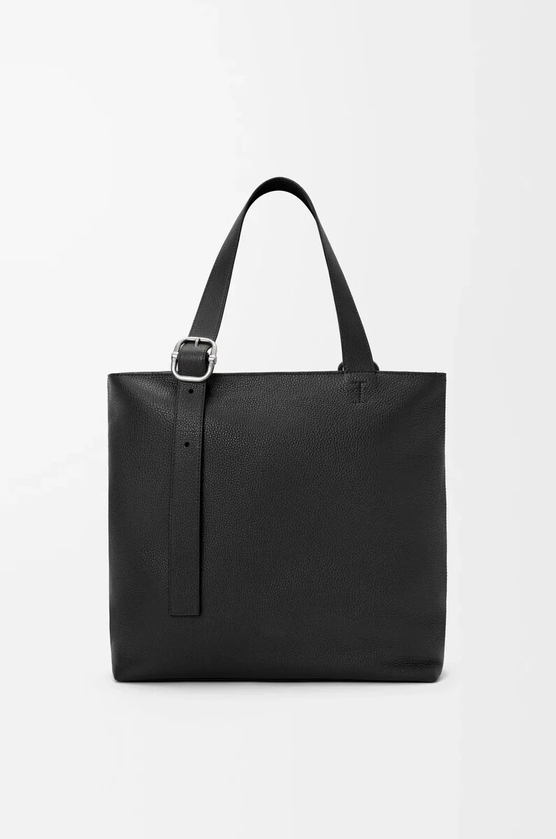 bolso tote con cremallera en piel de becerro granulada flexible color negro