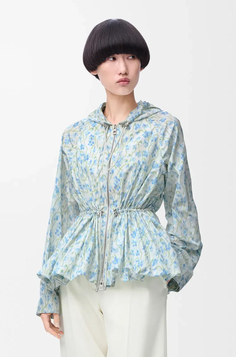 chaqueta con capucha en tafetán de mezcla de seda blancoazul