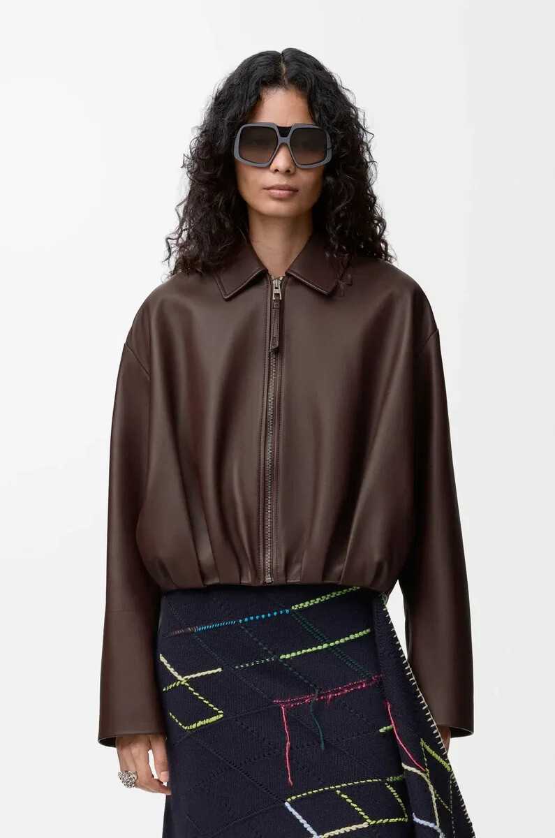 chaqueta drapeada en piel de cordero napa marrón chocolate