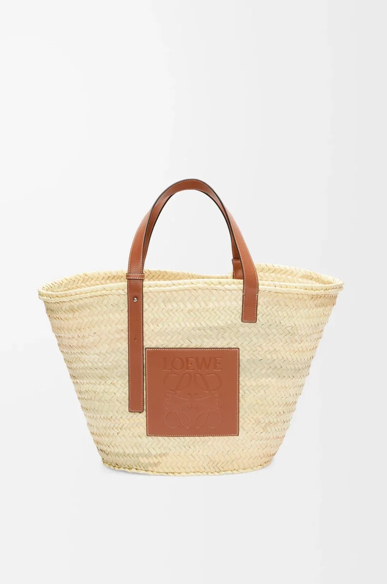 cesta clásica grande en hoja de palma y piel de becerro naturalbronceado