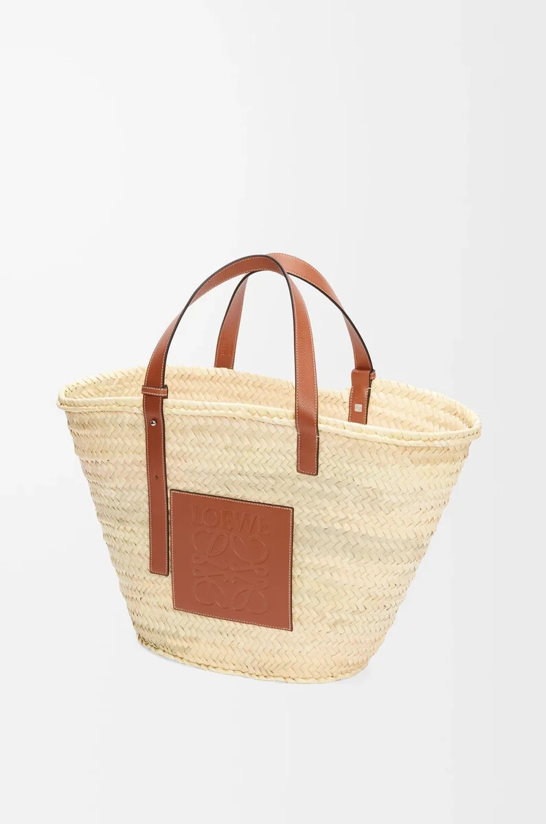 cesta clásica grande en hoja de palma y piel de becerro naturalbronceado