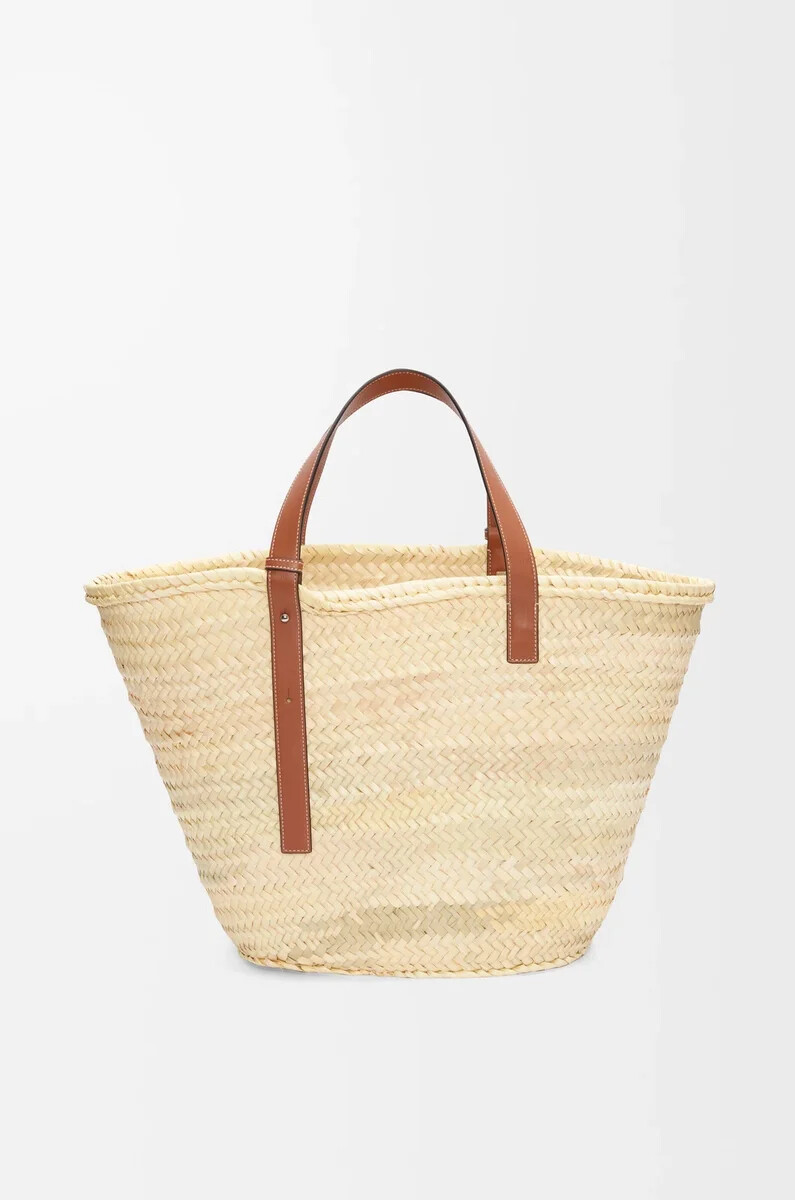 cesta clásica grande en hoja de palma y piel de becerro naturalbronceado