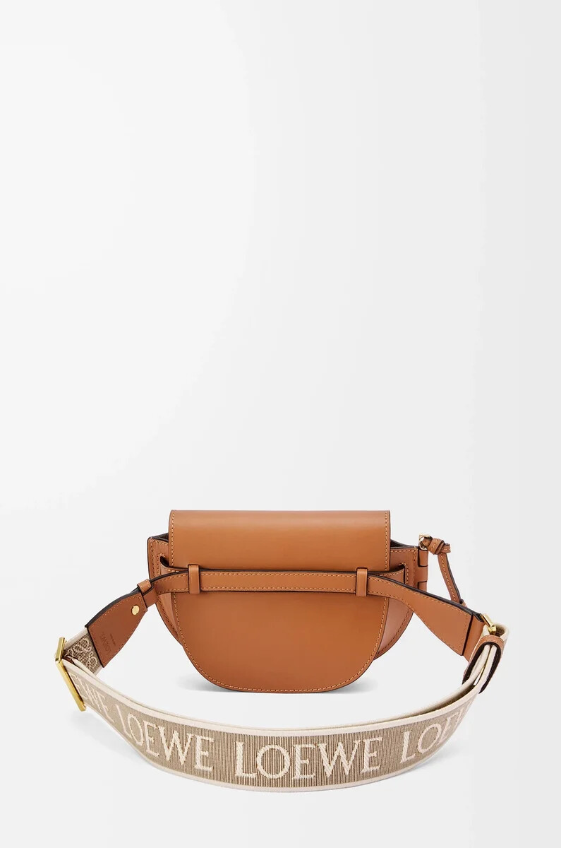 bolso mini gate dual en suave piel de becerro y jacquard color tostado