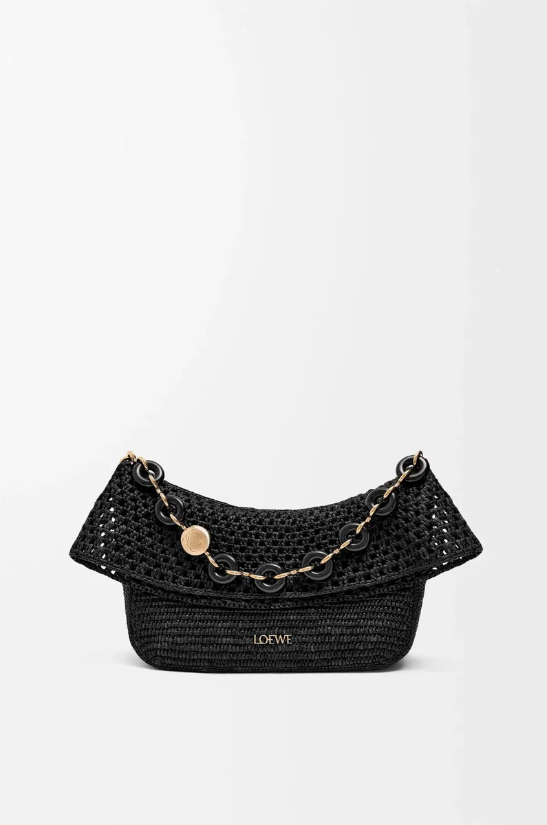 bolso mediano ola en rafia y piel de becerro negro