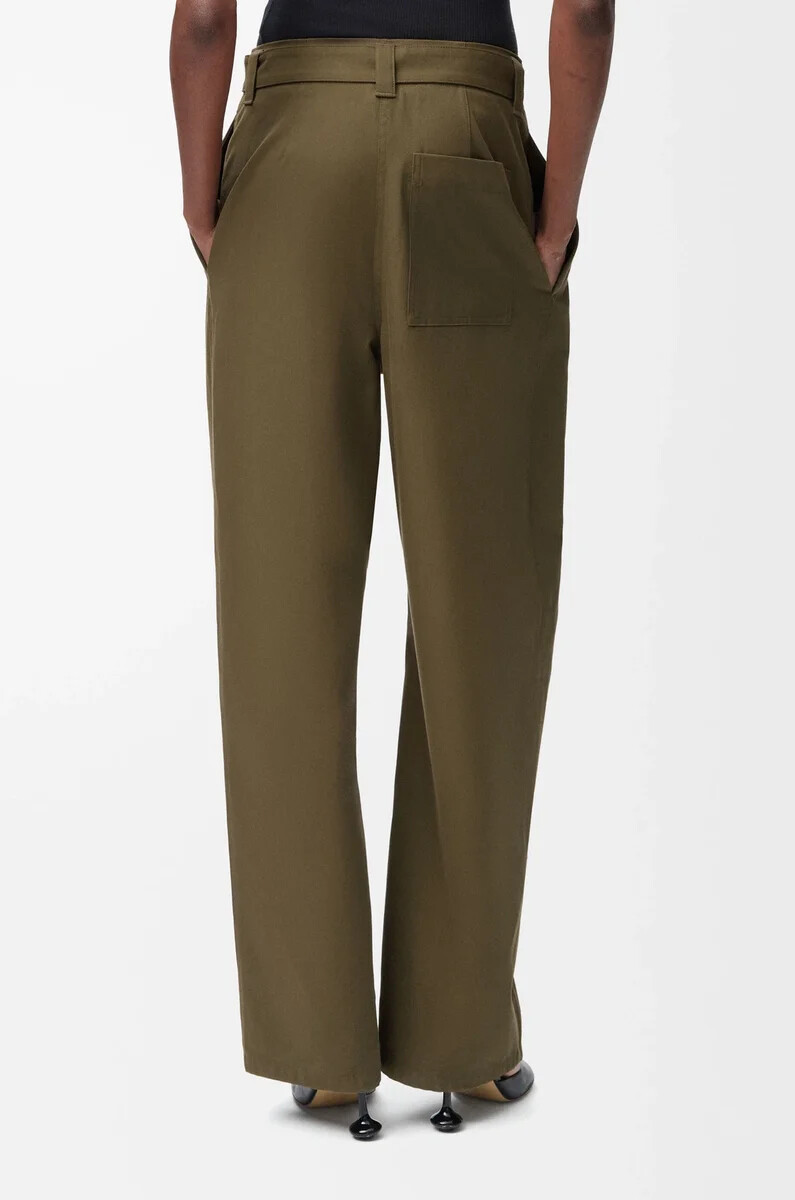 pantalón en algodón y seda verde caqui