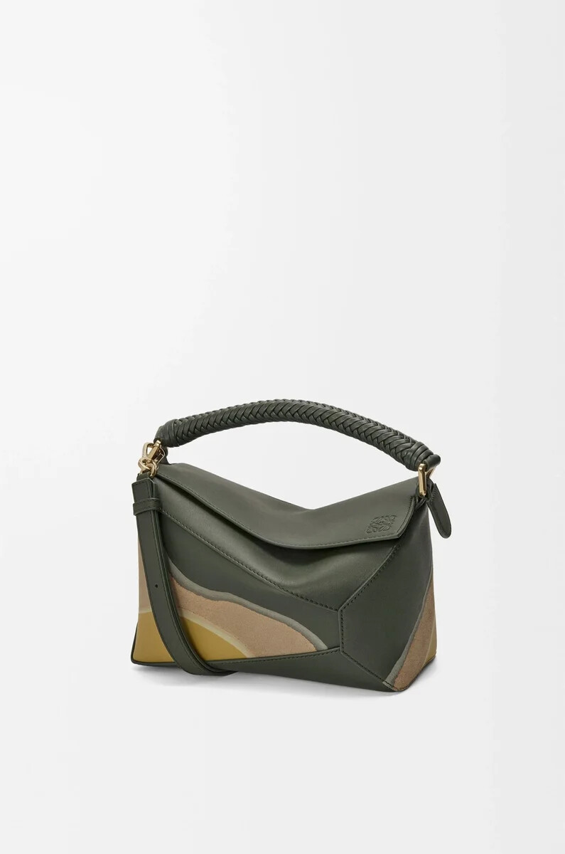 bolso pequeño puzzle edge landscape en piel de becerro napa verde botellaocre