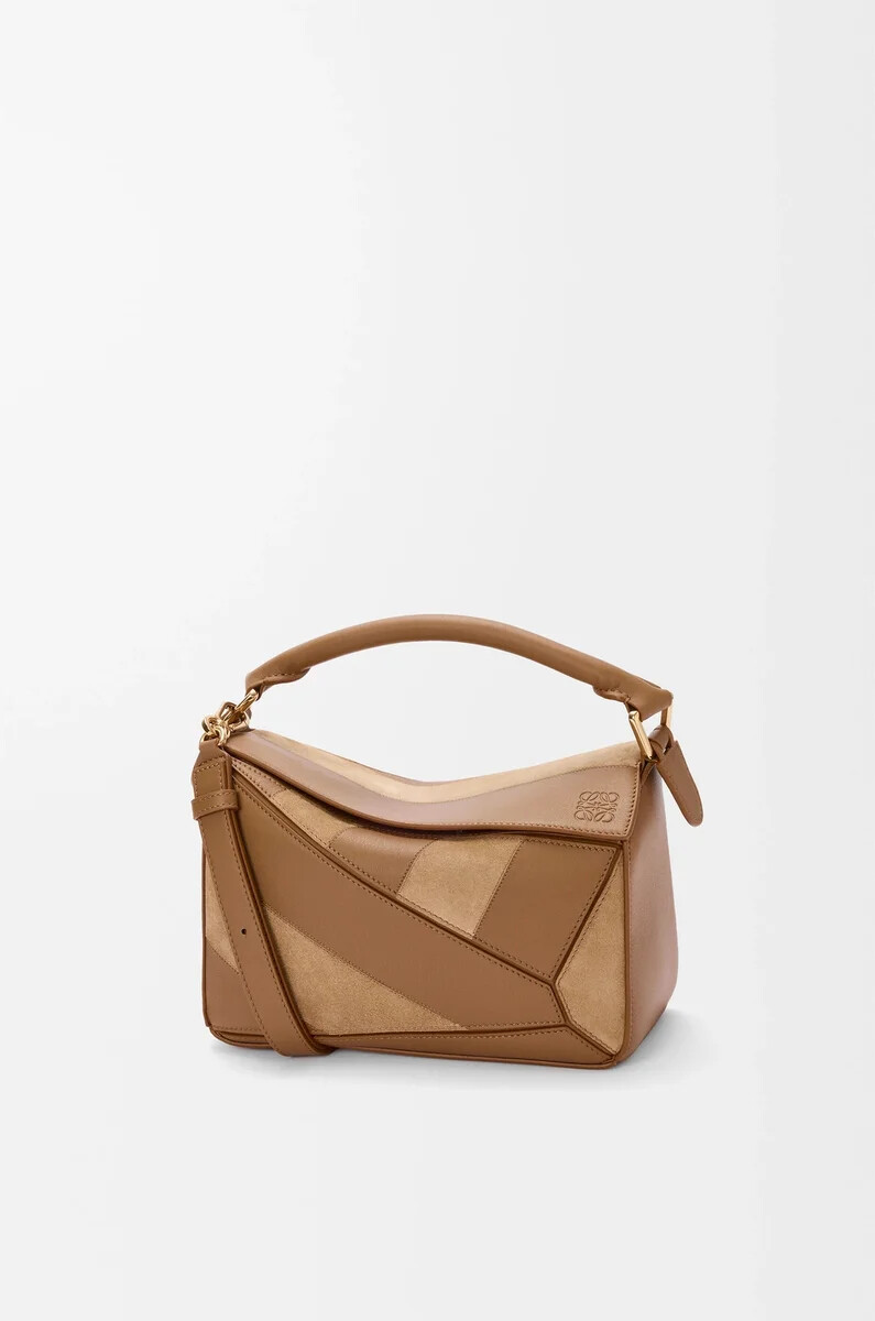 bolso puzzle pequeño en piel de becerro clásica y ante oak