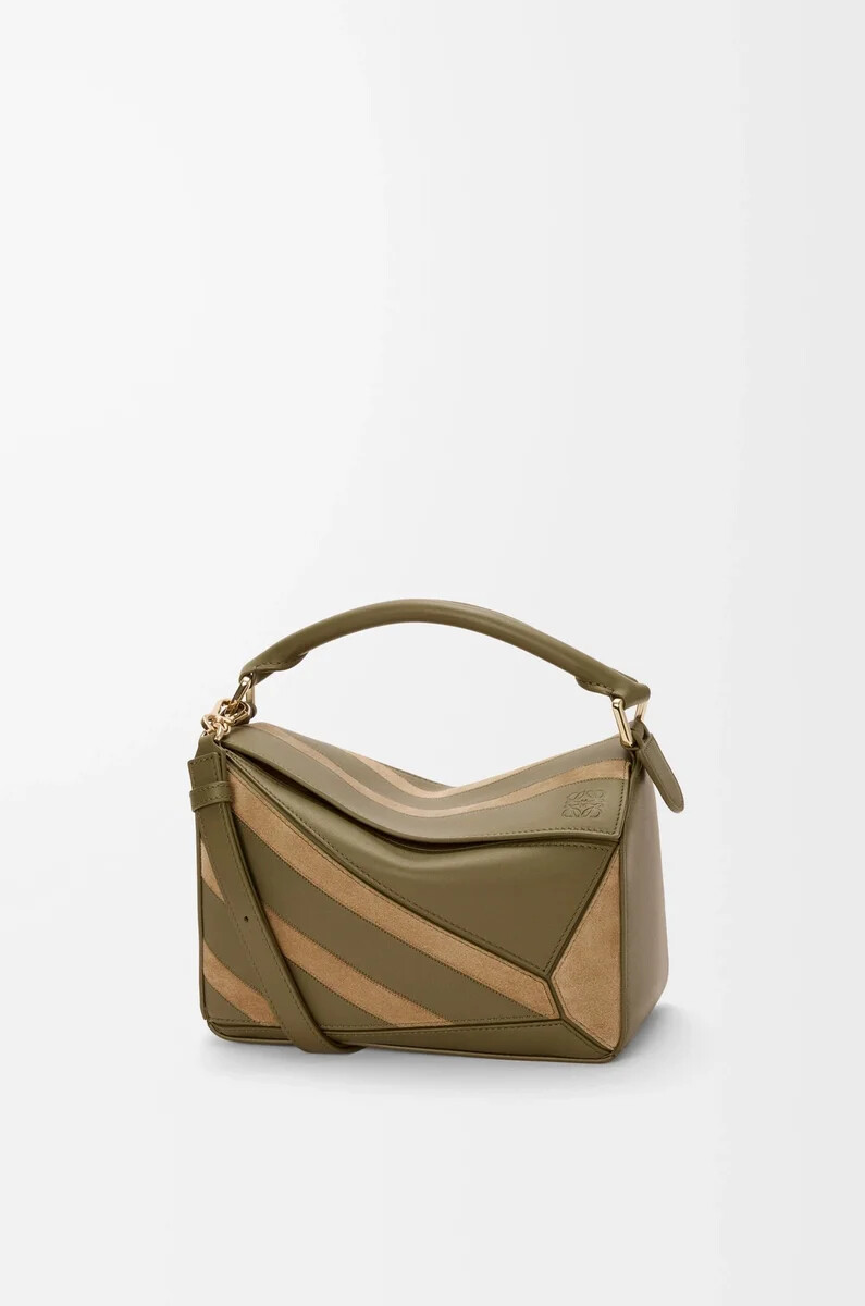 bolso puzzle pequeño en piel de becerro clásica y ante color olivadorado