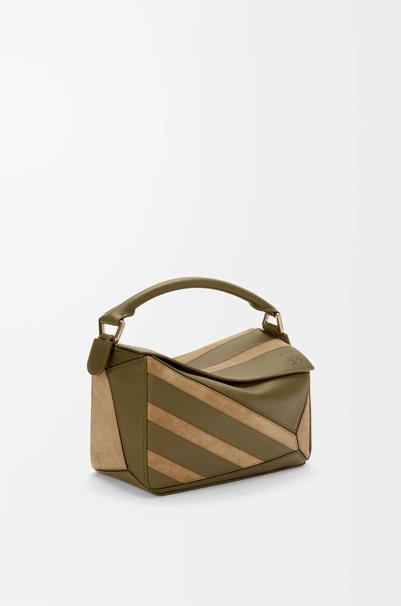 bolso puzzle pequeño en piel de becerro clásica y ante color olivadorado