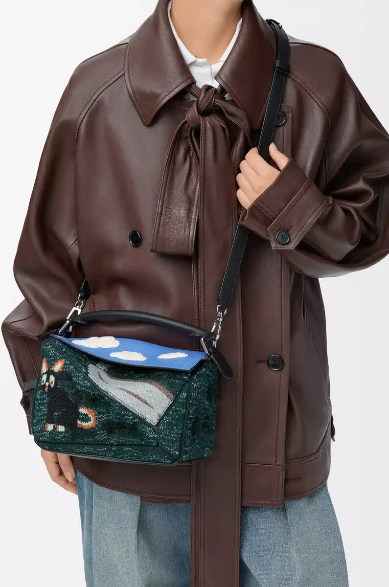bolso puzzle pequeño gato futurista en punto bordado y piel de becerro clásica multicolor verde