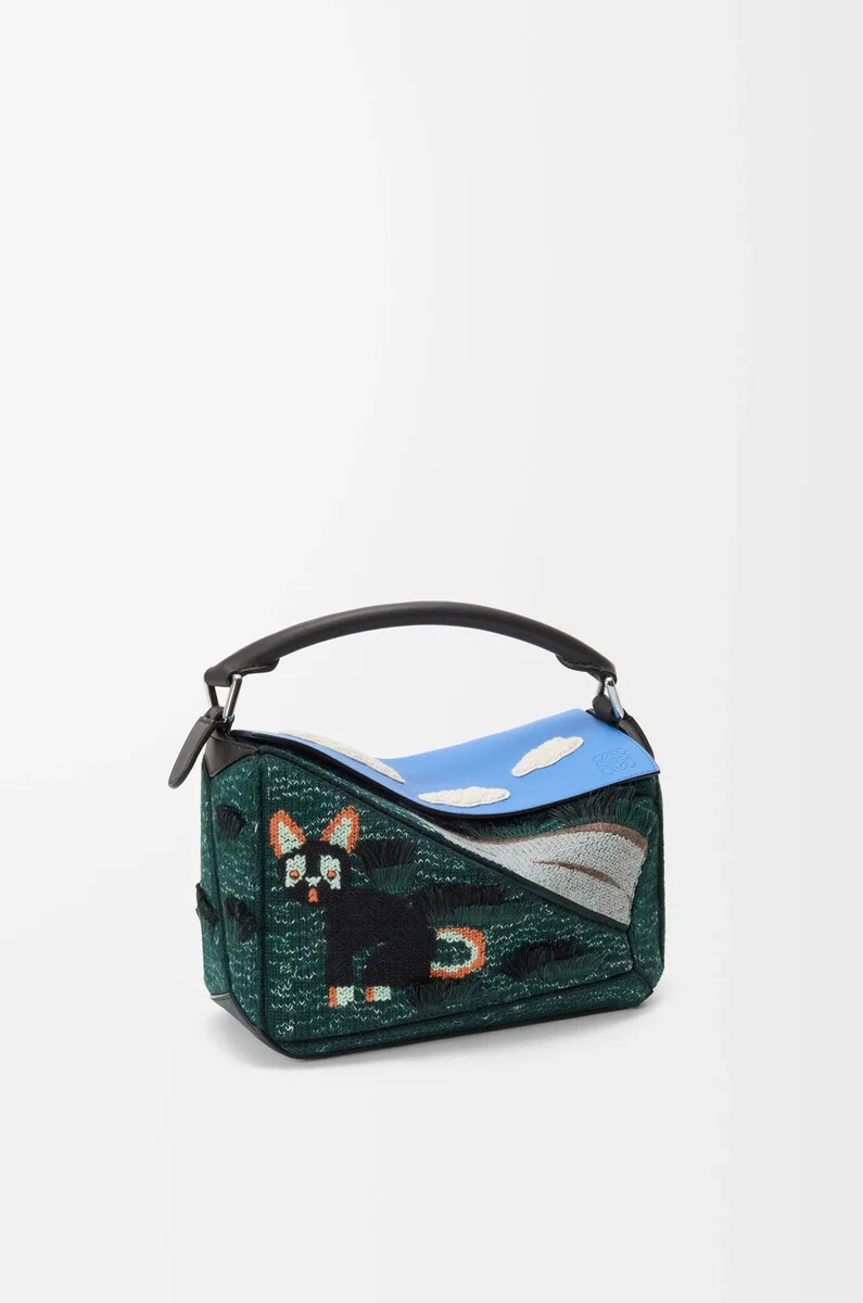 bolso puzzle pequeño gato futurista en punto bordado y piel de becerro clásica multicolor verde