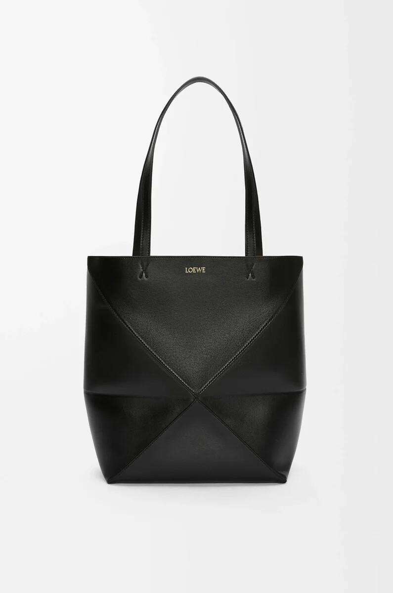 bolso tote mediano puzzle fold en piel de becerro brillante negro