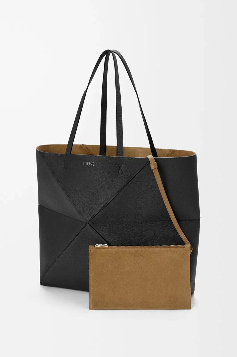 bolso grande plegable horizontal puzzle fold en piel de becerro granulada suave color negro